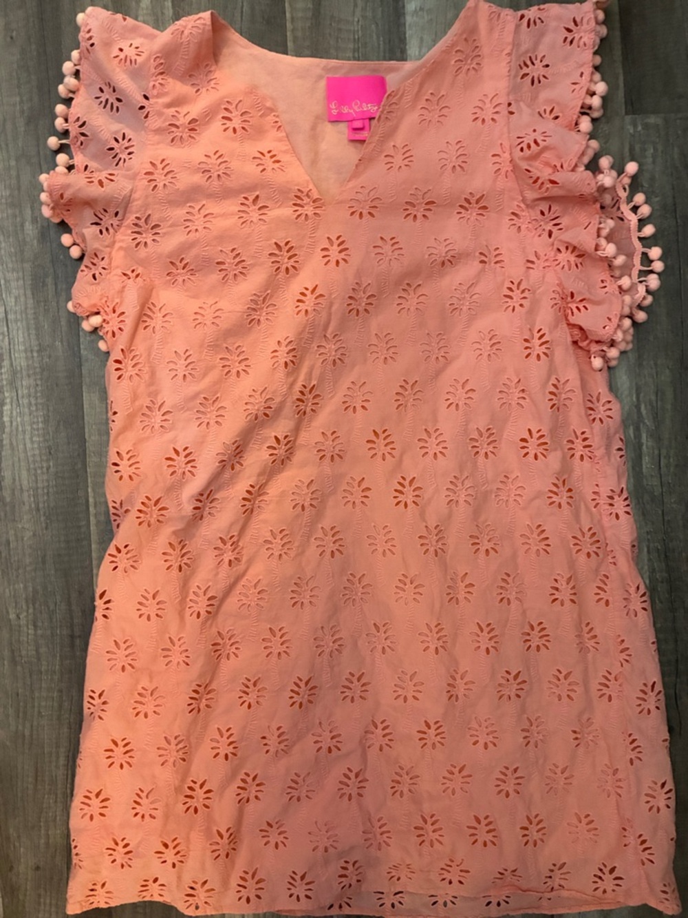 Lilly Pulitzer Peach Eyelet Midi Dress with Pom-Pom Trim